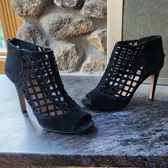 Audrey Brooke “Marseille” Black Suede Open Toe Gladiator Heels Bootie Size 8.5M - Picture 4 of 16